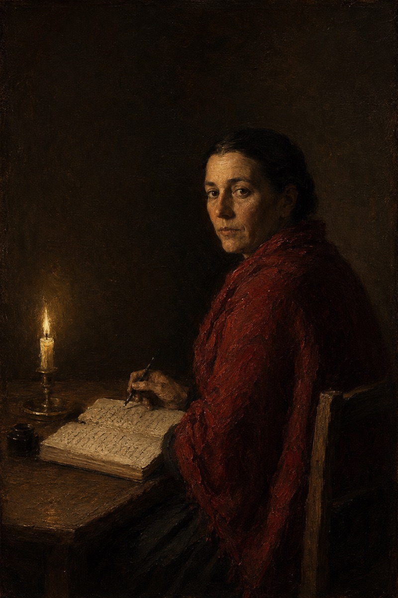 Solane at her table: a woman in a madder shawl writing in a ledger by a single candle.